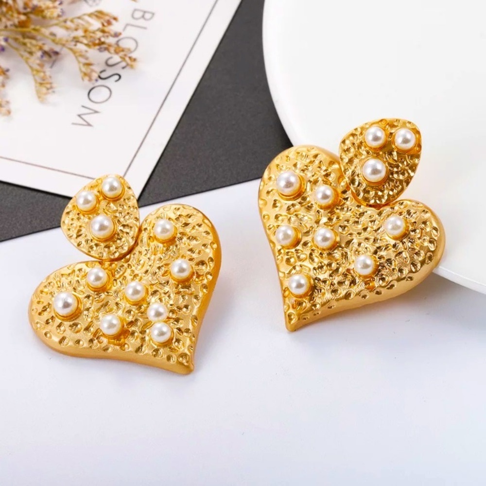 Big Heart Gold Tone Pearl Earrings